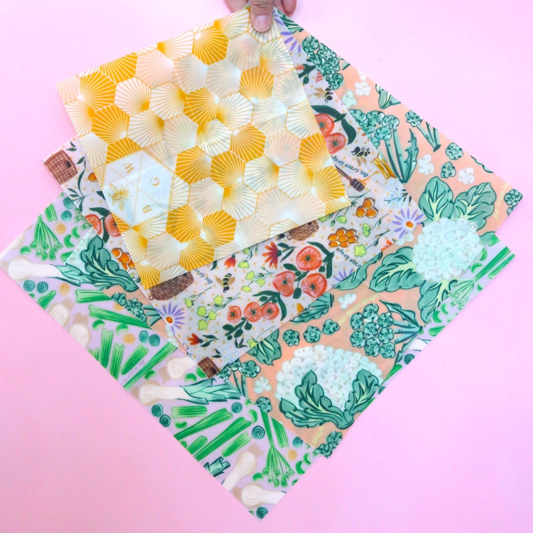 Bee Green Beeswax Wrap Starter Pack Bees Flowers Leek Celery