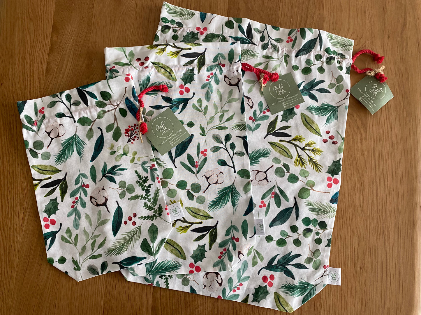 Reusable Gift Bag Christmas Sprigs Holly