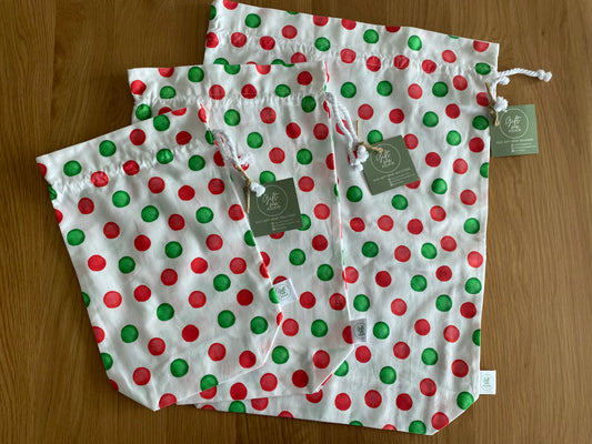 Reusable Christmas Gift Bag Small Medium Large Red Green Spots